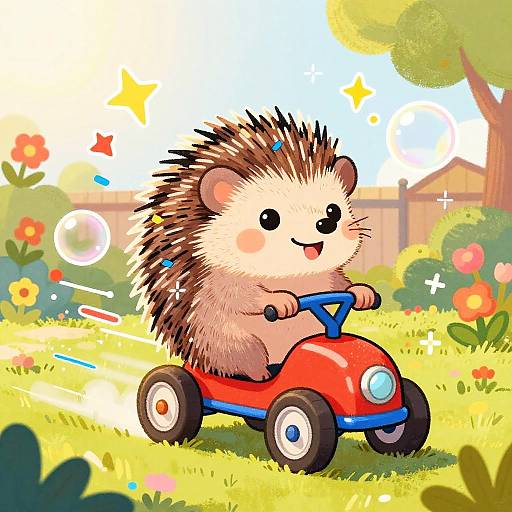 Playful Hedgehog Riding Pedal Car