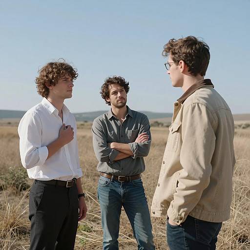Three Men Standing in a Field