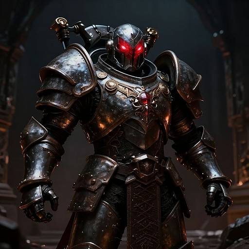 CGI image of a menacing, armored warrior with glowing red eyes, wearing metallic, ornate armor with a dark, gothic background.