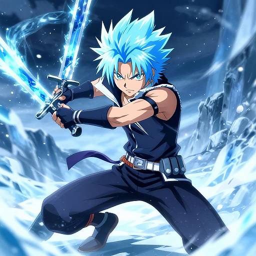 Digital anime artwork of a blue-haired, muscular male warrior with spiky hair, wielding a glowing blue sword, dressed in black ninja attire, amidst electr