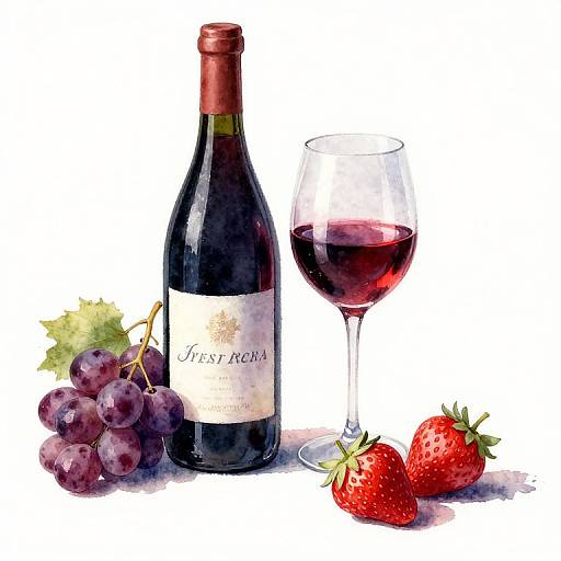 Watercolor-style illustration of a bottle of red wine, partially filled wine glass, bunch of purple grapes, and two red strawberries.