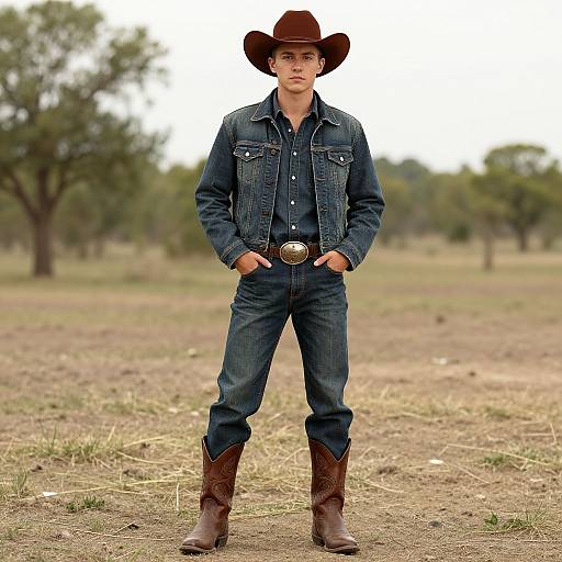 Photograph of a young man in a brown cowboy hat, denim jacket, jeans, and brown boots, standing confidently in a grassy, tree-lined