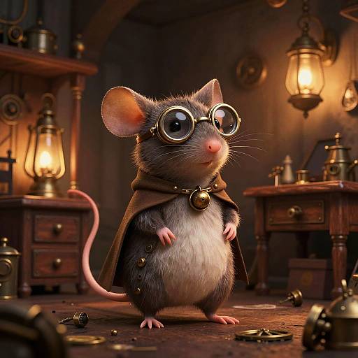 Whimsical Steampunk Mouseman in Workshop