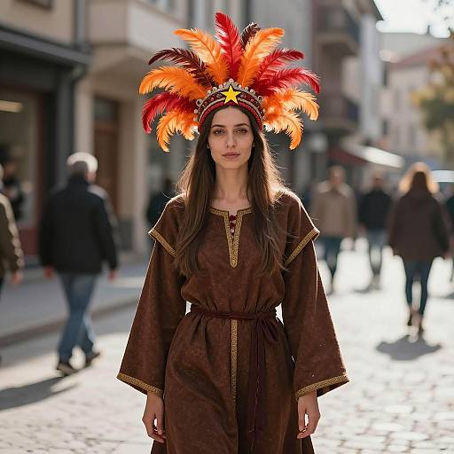 Woman in Feathered Headdress and Medieval Dress