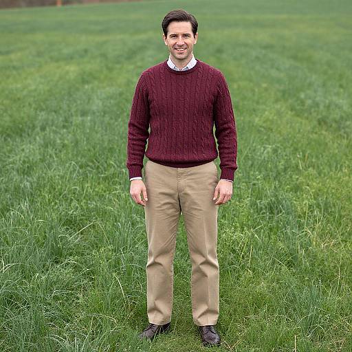 Photograph of a smiling man with dark hair, wearing a maroon sweater, beige pants, white shirt, and black shoes, standing in a lush