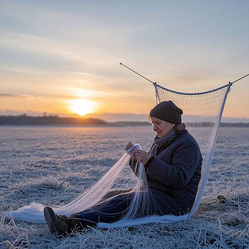 Photograph of a woman in a brown beanie, dark coat, weaving on a net frame in a frosty field at sunrise.