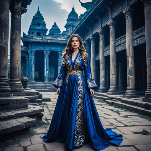 Woman in Royal Blue Embroidered Robes at Ancient Temple