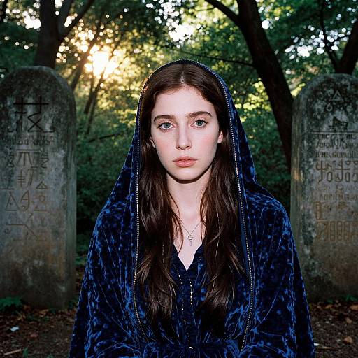 Photograph of a pale, young woman with long brown hair, wearing a dark blue velvet hooded cloak, standing between two old, weathered grav