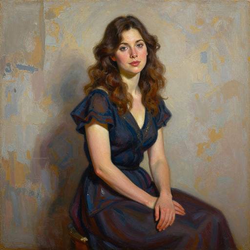 Oil painting of a young woman with wavy brown hair, wearing a dark blue dress, sitting against a textured, muted background.