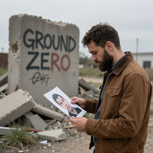 Bearded Man in Ruins Holding Photo