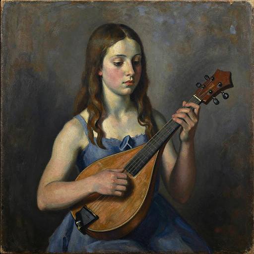 Photorealistic oil painting of a young girl with long brown hair, wearing a blue dress, playing a wooden banjo against a dark, textured background