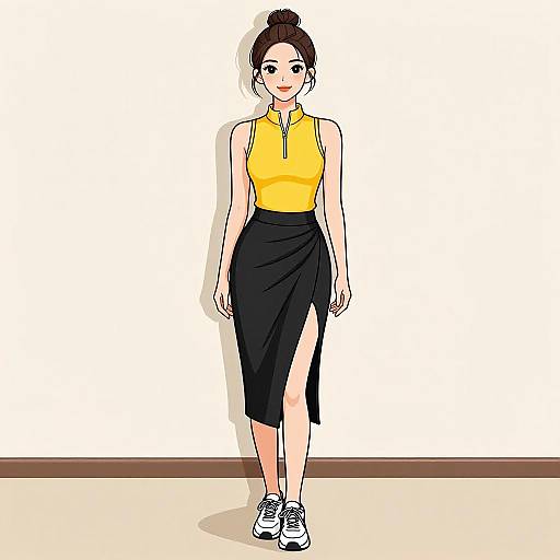 Digital drawing of a smiling woman with fair skin, dark hair in a bun, wearing a yellow sleeveless top, black high-waisted skirt with