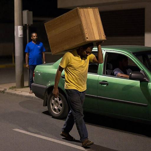 Man Carrying Wooden Box on Street at Night