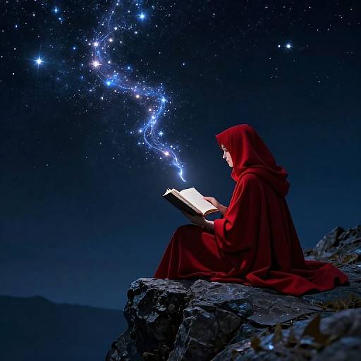 Photograph of a person in a red hooded robe, sitting on a rocky cliff, reading a glowing book, with a starry night sky and