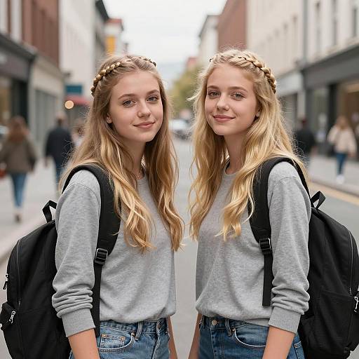 Twin Blonde Women with Braided Crowns in Urban Street