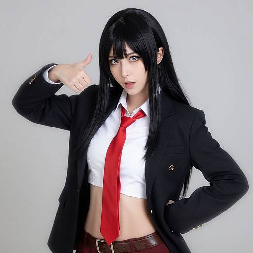 Photograph of a pale-skinned, blue-eyed woman with long black hair, wearing a black blazer, white crop top, red tie, and