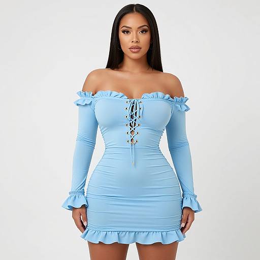 Photograph of a Latina woman with long black hair in a light blue off-shoulder, lace-up, ruffle-trimmed dress, standing