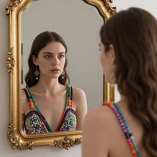 Photograph of a young woman with long brown hair, wearing a colorful beaded dress, standing before an ornate gold-framed mirror. She gaz