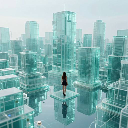 Digital artwork of a lone woman with long black hair, standing on a glass platform amidst a futuristic, glowing blue skyscraper cityscape, reflecting in the