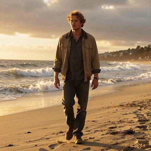 Photograph of a curly-haired man walking on a golden-lit beach at sunset, wearing a beige jacket, dark shirt, and jeans. Waves and