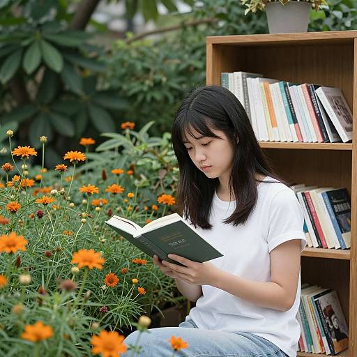 Asian woman with black hair reads book amidst vibrant orange flowers and wooden bookshelf, wearing white shirt and blue jeans.