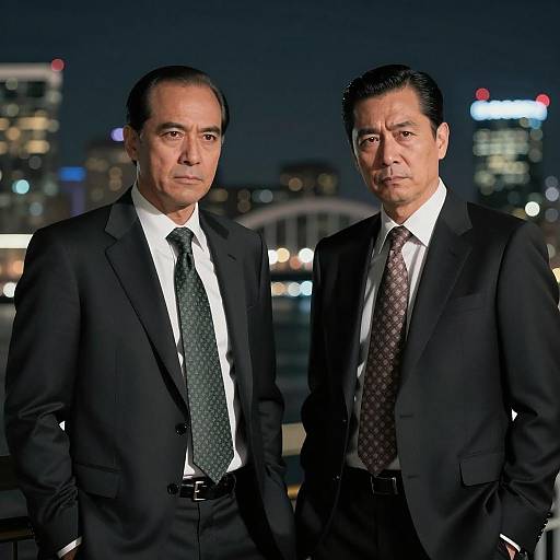 Two Men in Dark Suits Against Night Cityscape