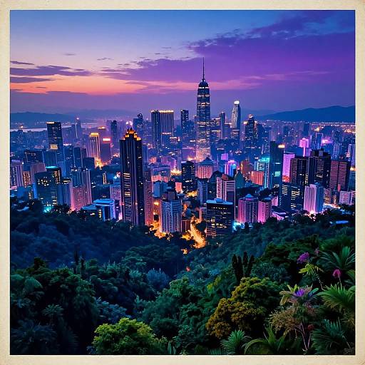 Photograph of a vibrant city skyline at dusk, featuring illuminated skyscrapers amidst lush greenery, with a colorful sunset sky in the background.