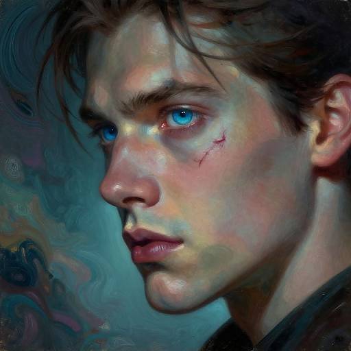 Digital painting of a serious, blue-eyed young man with a scar on his cheek, dark hair, and a moody, blue-tinted background