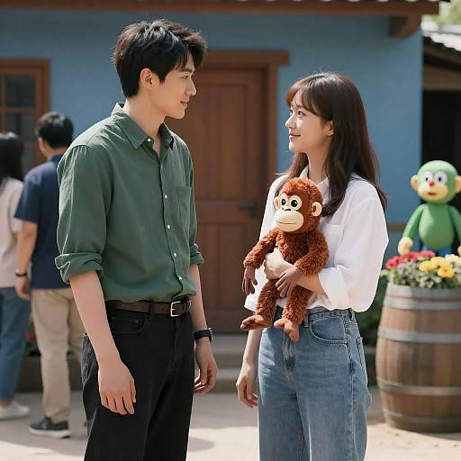 Photograph of an Asian couple; man in green shirt, black pants, woman in white blouse, blue jeans, holding a brown teddy bear,