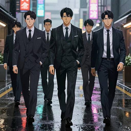 Digital anime-style illustration of five handsome men in black suits, white shirts, and black ties walking down a wet, neon-lit city street at night