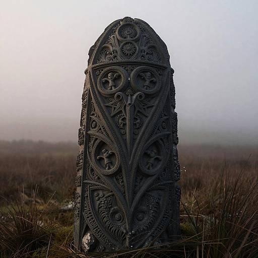 Intricate Gothic Stone Carving on Foggy Moorland