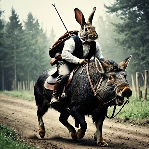 Rabbit Riding Boar with Saddle and Reins