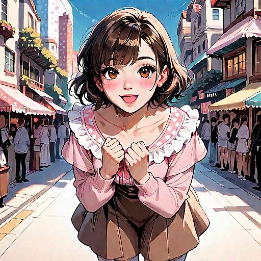 Cheerful Anime Girl in Cityscape