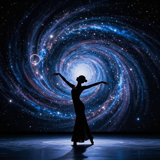 Silhouetted dancer with arms raised, wearing a flowing dress, stands on a stage against a vibrant, swirling galaxy background. Digital art.