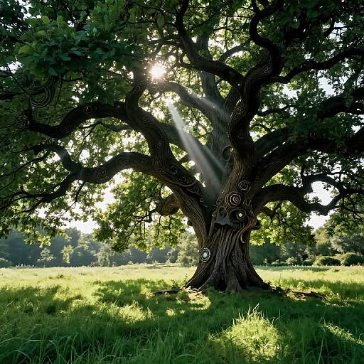 Photograph of a large, sunlit oak tree with intricate bark patterns, casting dappled shadows on lush green grass. Sunbeams pierce