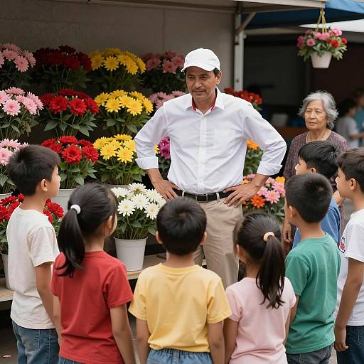 Man Teaching Children at Flower Stand