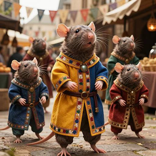 Photograph of four anthropomorphic rats in colorful medieval-style robes, standing on a cobblestone street in a bustling market with blurred, colorful bunting