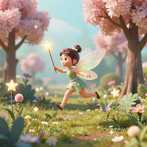 Digital illustration of a cute fairy with translucent wings, green dress, and wand, running through a sunlit, flower-filled meadow with cherry blossom trees