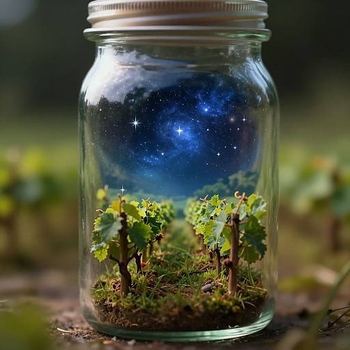 Photograph of a clear mason jar containing small green plants with starry, galaxy-like night sky inside, set on a blurred, earthy background