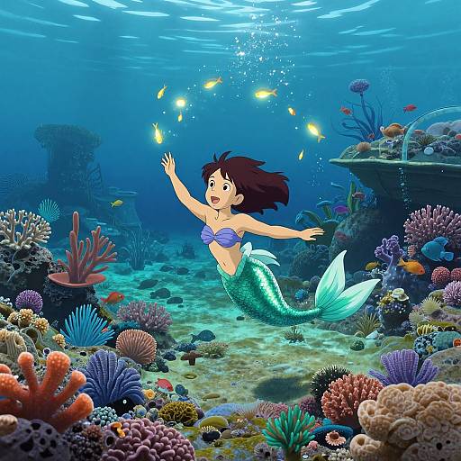 Colorful underwater illustration of a surprised mermaid with green scales and purple top, floating among vibrant coral reefs and colorful fish, with sunlight filtering through the