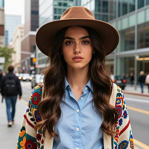 Photograph of a young woman with long, wavy brown hair, wearing a brown hat, light blue shirt, and colorful patterned cardigan,