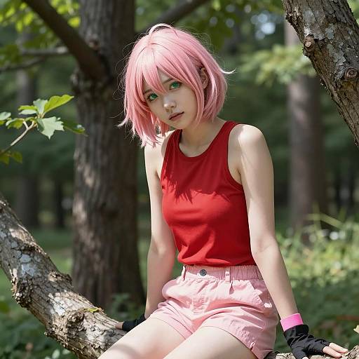 Young Woman with Pink Hair Sitting on Tree Branch