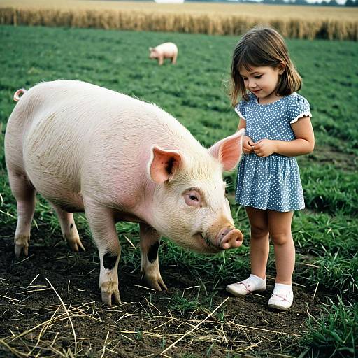 Little Girl Feeding Pig in Field