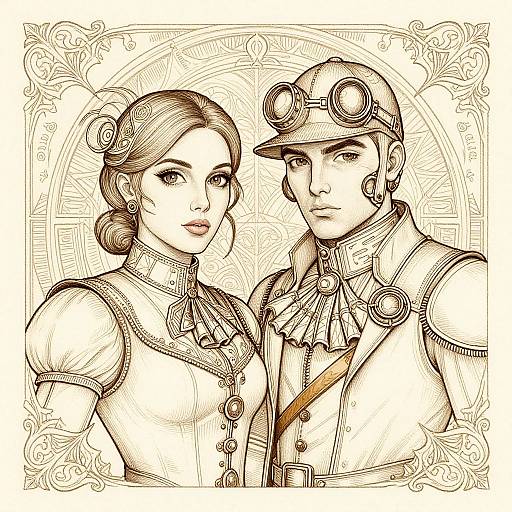 Detailed black-and-white illustration of a Victorian-style woman with a bun and a steampunk man with goggles and a cap, both adorned in intricate,