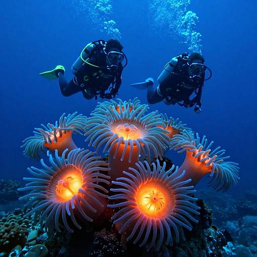 Photograph of two scuba divers exploring a vibrant underwater scene with bright orange and blue coral, surrounded by glowing sea anemones.