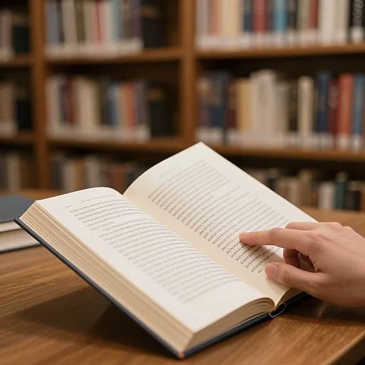Photograph of a hand reading an open book on a wooden table, with a blurred bookshelf filled with books in the background.