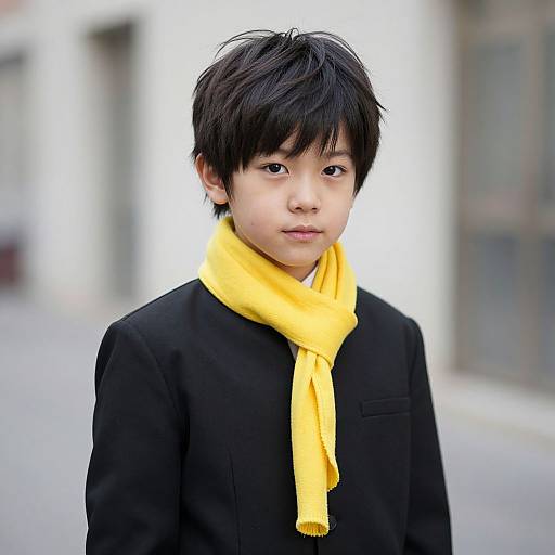 Young Asian boy with black hair, wearing a bright yellow scarf and black coat, standing in a blurred urban street.