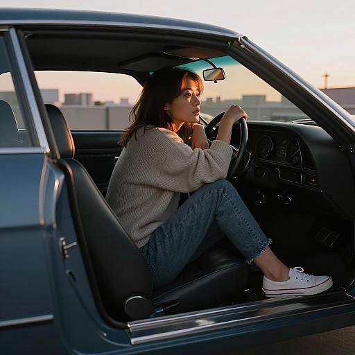 Cinematic Sunset: Stylish Woman in Sports Car