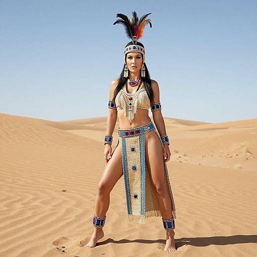 Photograph of a Native American woman in a desert, wearing a beaded headdress, bra, and skirt, with blue and red adornments,