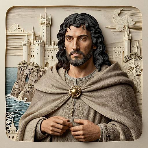 Digital artwork of a bearded, long-haired man in a beige cloak with intricate patterns, standing before a detailed, white paper-crafted castle and sea